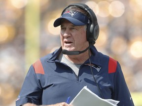 Sep 18, 2022; Pittsburgh, Pennsylvania, USA;  New England Patriots head coach Bill Belichick looks on from the sidelines against the Pittsburgh Steelers during the second quarter at Acrisure Stadium. The Patriots won 17-14.