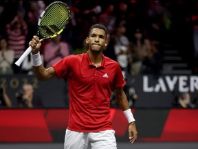 Felix Auger-Aliassime of Team World acknowledges the fans after match point in a singles match against Novak Djokovic of Team Europe during Day Three of the Laver Cup at The O2 Arena in London, Sunday, Sept. 25, 2022.