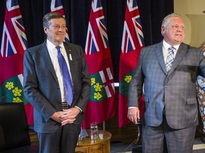 Mayor John Tory (left) visits Ontario Premier Doug Ford at his office at Queen's Park in Toronto, Ont. on Thursday, Dec. 6, 2018.