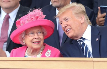 Queen Elizabeth II and US President, Donald Trump attend the D-day 75 Commemorations on June 05, 2019 in Portsmouth, England. The political heads of 16 countries involved in World War II joined Her Majesty, The Queen is on the UK south coast for a service to commemorate the 75th anniversary of D-Day. Overnight it was announced that all 16 had signed an historic proclamation of peace to ensure the horrors of the Second World War are never repeated. The text has been agreed by Australia, Belgium, Canada, Czech Republic, Denmark, France, Germany, Greece, Luxembourg, Netherlands, Norway, New Zealand, Poland, Slovakia, the United Kingdom and the United States of America. (Chris Jackson-WPA Pool/Getty Images