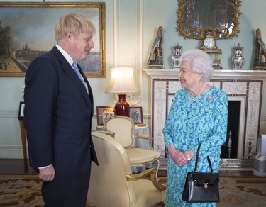 Queen Elizabeth II welcomes newly elected leader of the Conservative party, Boris Johnson during an audience where she invited him to become Prime Minister and form a new government in Buckingham Palace on July 24, 2019 in London, England. (Victoria Jones - WPA Pool/Getty Images)