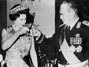 The Queen Elizabeth II greets Marshall Josip Broz Tito, 21 October 1972 during her official visit in Yougoslavia. (Photo by - / - / AFP) (Photo by -/-/AFP via Getty Images)