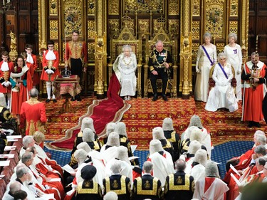 LONDON, ENGLAND - OCTOBER 14: Queen Elizabeth II and Prince Charles, Prince of Wales during the State Opening of Parliament at the Palace of Westminster on October 14, 2019 in London, England. The Queen's speech is expected to announce plans to end the free movement of EU citizens to the UK after Brexit, new laws on crime, health and the environment. (Photo by Paul Edwards - WPA Pool/Getty Images)