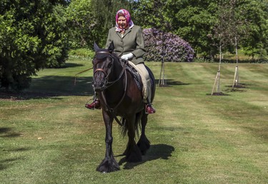 Queen Elizabeth II rides Balmoral Fern, a 14-year-old Fell Pony, in Windsor Home Park over the weekend of May 30 and May 31, 2020 in Windsor, England. The Queen has been in residence at Windsor Castle during the coronavirus pandemic. (Steve Parsons - WPA Pool/Getty Images)
