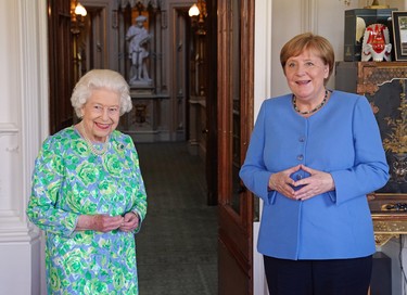 Queen Elizabeth II receives the Chancellor of Germany, Angela Merkel, during an audience at Windsor Castle on July 2, 2021 in Windsor, England. Angela Merkel is in her final few months as German Chancellor announcing in 2018 that she would not seek a fifth term in September's elections.  (Steve Parsons- WPA Pool/Getty Images)