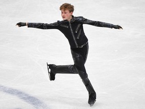US Ilia Malinin performs during the men's short program skating event at the ISU World Figure Skating Championships in Montpellier, south of France, on March 24, 2022.