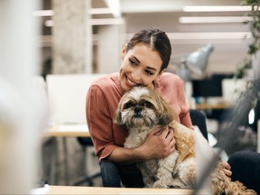 Young happy businesswoman holding her dog while taking a break from work in the office.