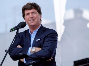 Tucker Carlson speaks during the Mathias Corvinus Collegium (MCC) Feszt on August 7, 2021 in Esztergom, Hungary.