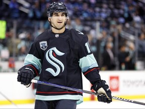 Matty Beniers of the Seattle Kraken warms up before the game against the San Jose Sharks at Climate Pledge Arena on April 29, 2022 in Seattle, Washington.