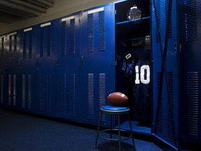 Football locker room with open locker
