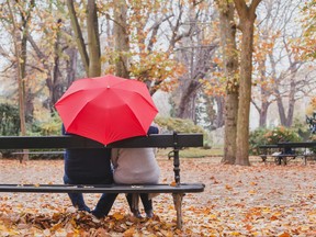 couple under umbrella in autumn park, love