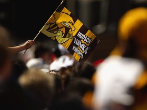 A Hawthorn flag is waved by a fan during the 2008 AFL Grand Final parade held at the Treasury Building September 26, 2008 in Melbourne, Australia.