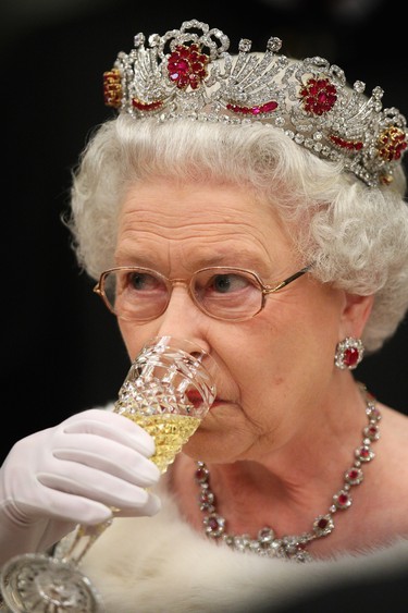Queen Elizabeth II drinks a toast as she attends a state banquet at Brdo Castle on the first day of a two day tour of Slovenia on October 21, 2008 in Ljubljana, Slovenia. (Chris Jackson/Getty Images)