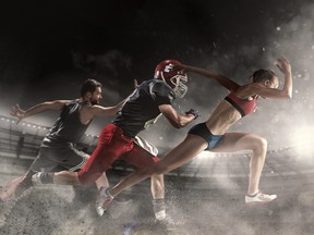 Multi sports collage about basketball, American football players and fit running woman