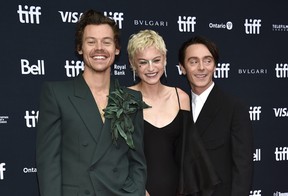 Harry Styles, from left, Emma Corrin, and David Dawson attend the premiere of “My Policeman” at the Princess of Wales Theatre during the Toronto International Film Festival, Sunday, Sept. 11, 2022.