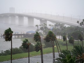 SARASOTA, FL - SEPTEMBER 28: Wind gusts blow across the John Ringling Causeway as Hurricane Ian churns to the south on September 28, 2022 in Sarasota, Florida. The storm made a U.S. landfall at Cayo Costa, Florida this afternoon as a Category 4 hurricane with wind speeds over 140 miles per hour in some areas. (Photo by Sean Rayford/Getty Images)
