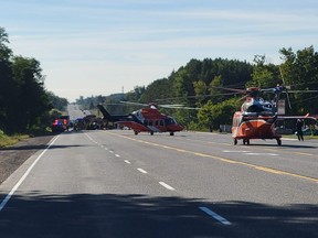 OPP and air ambulance are pictured at the scene of a multi-vehicle collision on Highway 10 on Sept. 7, 2022.