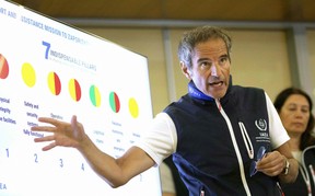 International Atomic Energy Agency (IAEA) chief Rafael Grossi explains a chart as he addresses the press after an IAEA team returned from Russia's Zaporizhzhia nuclear power plant in southern Ukraine, at Vienna International Airport in Schwechat, Austria on September 2. , 2022.
