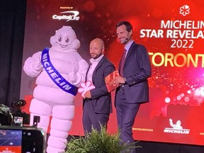 Patrick Kriss, founder of Alo Group, which includes Alo, a contemporary French restaurant in downtown Toronto, is recognized with a Michelin star during a special event at Evergreen Brick Works on Tuesday night. RITA DEMONTIS/TORONTO SUN