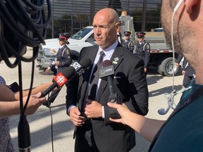 Toronto Police Association president Jon Reid speaks to media after the funeral for Const. Andrew Hong on Wednesday, Sept. 21, 2022.