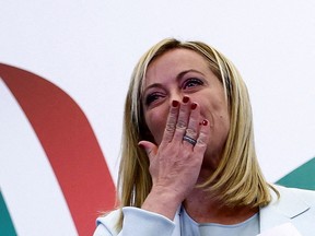Leader of Brothers of Italy Giorgia Meloni reacts at the party's election night headquarters, in Rome, Italy September 26, 2022.