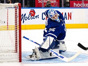 Toronto Maple Leafs goaltender Ilya Samsonov makes a save against the Ottawa Senators during the pre-season action at Scotiabank Arena on Saturday night.