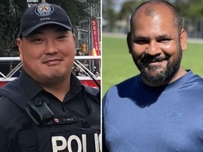 Toronto Police Const. Andrew Hong, left, and Milton mechanic Shakeel Ashraf were fatally shot during a rampage on Monday, Sept. 12, 2022.