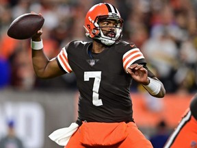 Browns quarterback Jacoby Brissett throws a pass during the NFL's second quarter action against the Steelers at FirstEnergy Stadium in Cleveland on Thursday, Sept. 22, 2022.