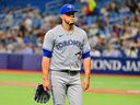 Blue Jays starter Jose Berrios will leave the field after the second inning against the Rays at Tropicana Field in St. Petersburg, Fla., on Thursday, Sept. 22, 2022.