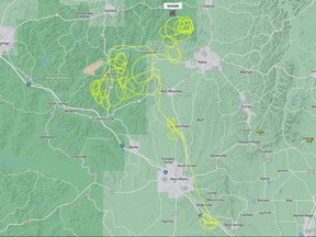 The flight path of a Beech C90A twin-engine small plane is seen after its pilot threatened to intentionally crash into a Walmart in Mississippi, according to local police in Tupelo, Mississippi, September 3, 2022.