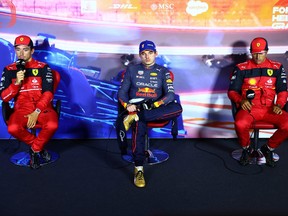 Pole position qualifier Max Verstappen of the Netherlands and Oracle Red Bull Racing, second placed qualifier Charles Leclerc of Monaco and Ferrari and third placed qualifier Carlos Sainz of Spain and Ferrari attend the press conference after qualifying ahead of the F1 Grand Prix of The Netherlands at Circuit Zandvoort on Sept. 3, 2022 in Zandvoort, Netherlands.