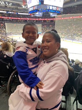 Benjamin, 5, takes in his first Leafs game with his mom Melissa Loon at Scotiabank Arena on Saturday, Sept. 24, 2022.