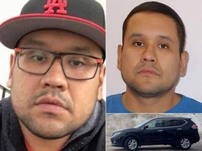 Myles Sanderson, named by RCMP as a suspect in a stabbing spree that killed 11 people and injured 19, is shown in two undated photos. The suspect vehicle is a black Nissan Rogue with Sask. licence plate 119 MPI.