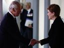 King Charles III is met by Scotland's First Minister Nicola Sturgeon at Scottish Parliament Building where he will receive a Motion of Condolence, in Edinburgh, Monday, Sept. 12, 2022.