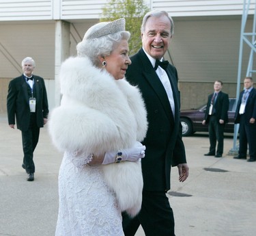 Canadian Prime Minister Paul Martin escorts HRH Queen Elizabeth II into Northlands AgriCom in Edmonton May 24/05 evening for the Government of Canada's Formal Dinner. Brendon Dlouhy/Edmonton Sun