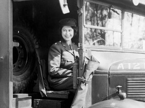 Princess Elizabeth at the wheel of an Army vehicle when she served during the Second World War in the Auxiliary Territorial Service.