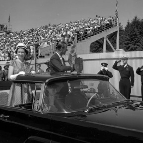 Queen Elizabeth and Prince Phillip were all smiles while being driven in London, Ont., July 3, 1959. This appears to be a trip through J.W. Little stadium at the University of Western Ontario. The prince is said to have quipped: “If this is the little stadium, I’d hate to see the big one.”