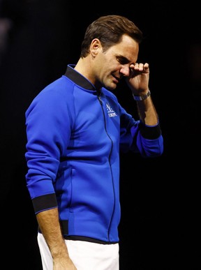 Team Europe's Roger Federer reacts at the end of his last match after announcing his retirement from tennis earlier this month, at the Laver Cup in the 02 Arena in London, Friday, Sept. 23, 2022.