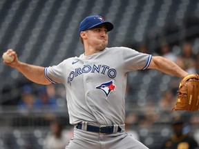 Blue Jays starter Ross Stripling delivers a pitch in the first inning during a game against the Pirates at PNC Park in Pittsburgh, Sunday, Sept. 4, 2022.