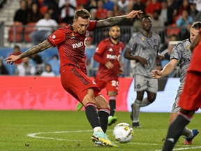 Sep 4, 2022; Toronto, Ontario, CAN; Toronto FC forward Federico Bernardeschi (10) shoots the ball against CF Montreal in the second half at BMO Field.