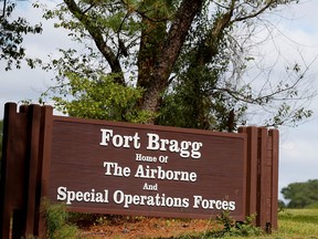 A sign at Fort Bragg is seen in Fayetteville, North Carolina, September 26, 2014.