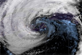 Hurricane Fiona makes landfall between Canso and Guysborough, Nova Scotia in a composite image from the National Oceanic and Atmospheric Administration (NOAA) GOES-East weather satellite on Sept. 24, 2022.
