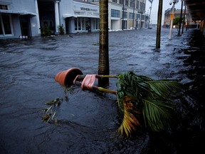 A flooded street is seen in downtown Fort Myers as Hurricane Ian makes landfall in southwestern Florida September 28, 2022.