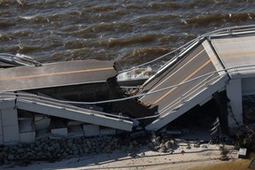 An aerial view of a partially collapsed Sanibel Causeway after Hurricane Ian caused widespread destruction, in Sanibel Island, Fla., Thursday, Sept. 29, 2022.