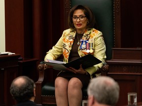 Lt. Gov. of Albera Salma Lakhani reads the Speech from The Throne at the opening of the third session of the province’s 30th legislature in Edmonton, on Tuesday, Feb. 22, 2022.