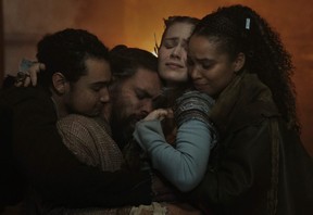 Archie Madekwe, Jason Momoa, Hera Hilmar and Nesta Cooper in “See,” now streaming on Apple TV+.