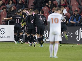 Inter Miami players celebrates after Gonzalo Higuain scored the only goal of the game against Toronto FC on Sept. 30, 2022 at BMO Field.