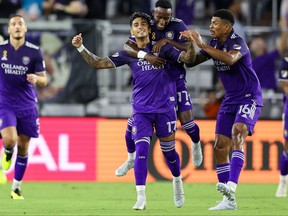 Orlando City forward Facundo Torres (17) celebrates after scoring a goal against Toronto FC in the first half at Exploria Stadium.