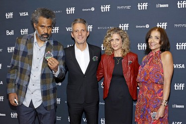 From left to right, Sacha Jenkins, Justin Wilkes, Sara Bernstein, and showrunner at Imagine Entertainment & Television Julie Anderson attend the "Louis Armstrong's Black & Blues" Premiere during the 2022 Toronto International Film Festival at TIFF Bell Lightbox on Sept. 8, 2022 in Toronto.