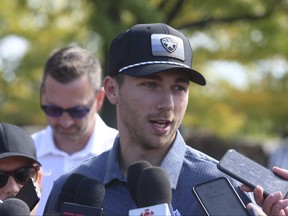 Toronto Maple Leafs Michael Bunting speaks to the media as they held their Leafs & Legends Charity Golf Classic at RattleSnake Point Golf Club in Milton in Toronto on Monday September 19, 2022.